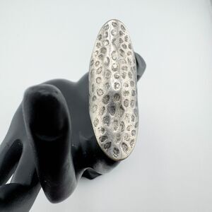 Vintage Long Oval Statement Ring Hammered Silver Tone Bohemian Tribal Retro
